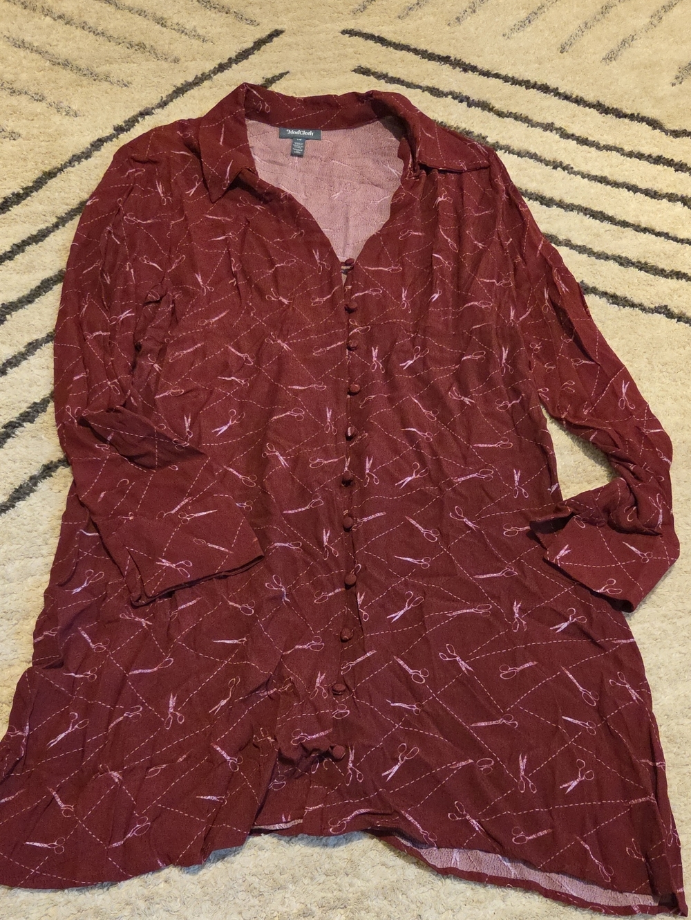 ModCloth Burgundy Long-Sleeve Button-Front Dress with Pink Scissor Print